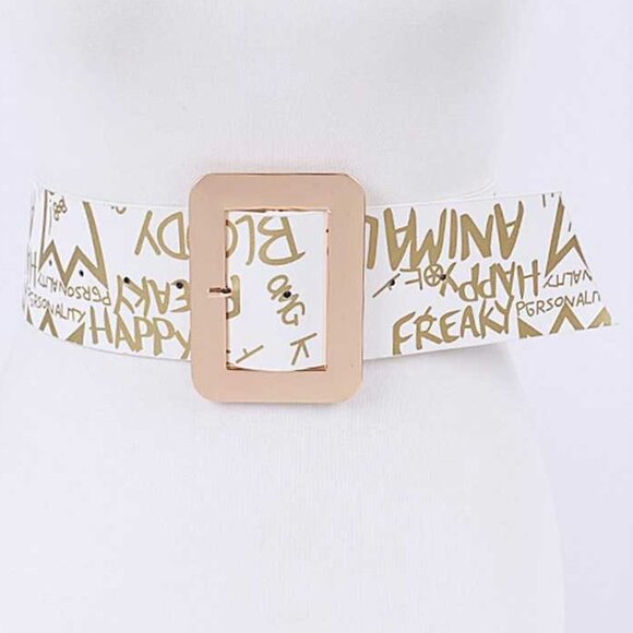 White Gold Graffiti Printed Fashion Wide Statement Belt - Picture 1 of 4